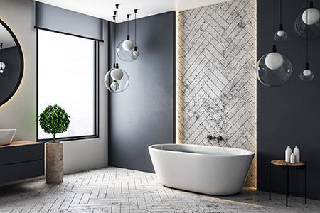 Rustic tile flooring in a master bathroom