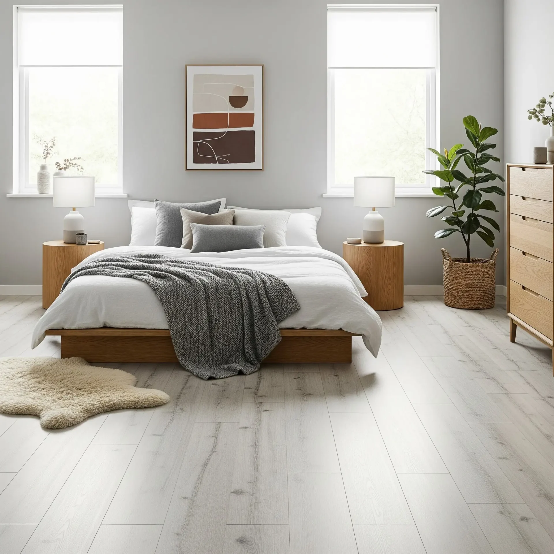Modern bedroom with light grey laminate flooring and neutral decor.