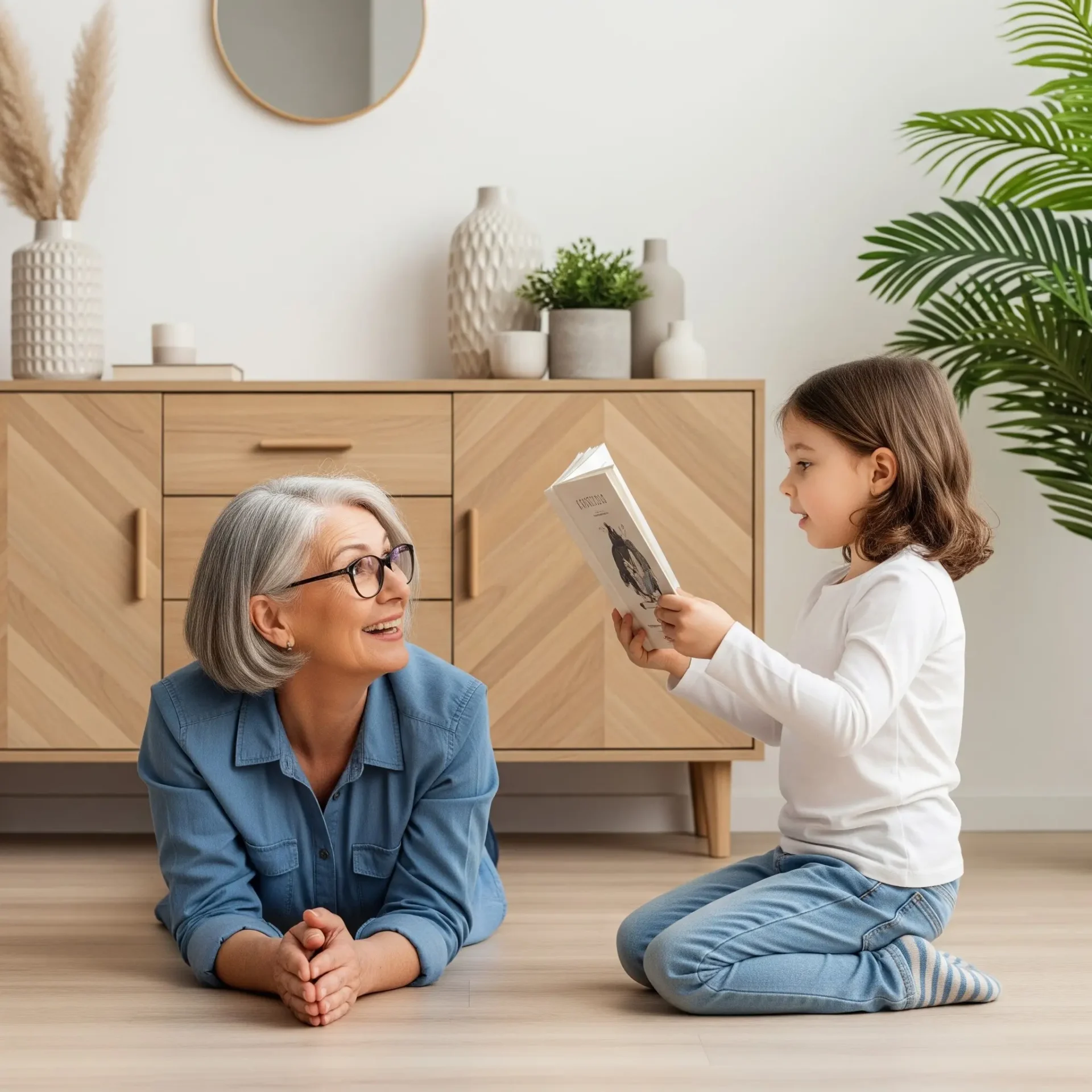 Grandmother lying on light wood flooring while a young girl reads a book to her.
